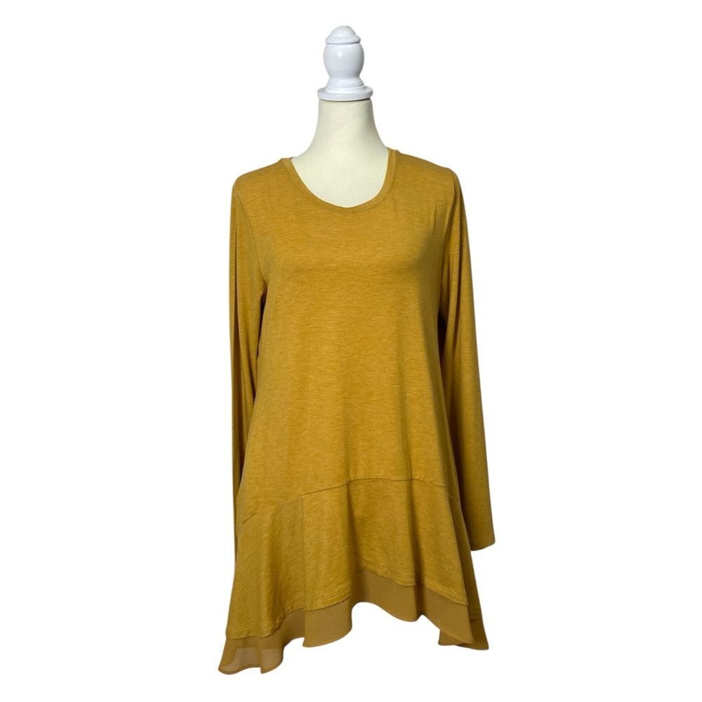 LOGO Lounge Mustard Yellow Asymmetrical Tunic Top Hi Low Hem Layered Boho M